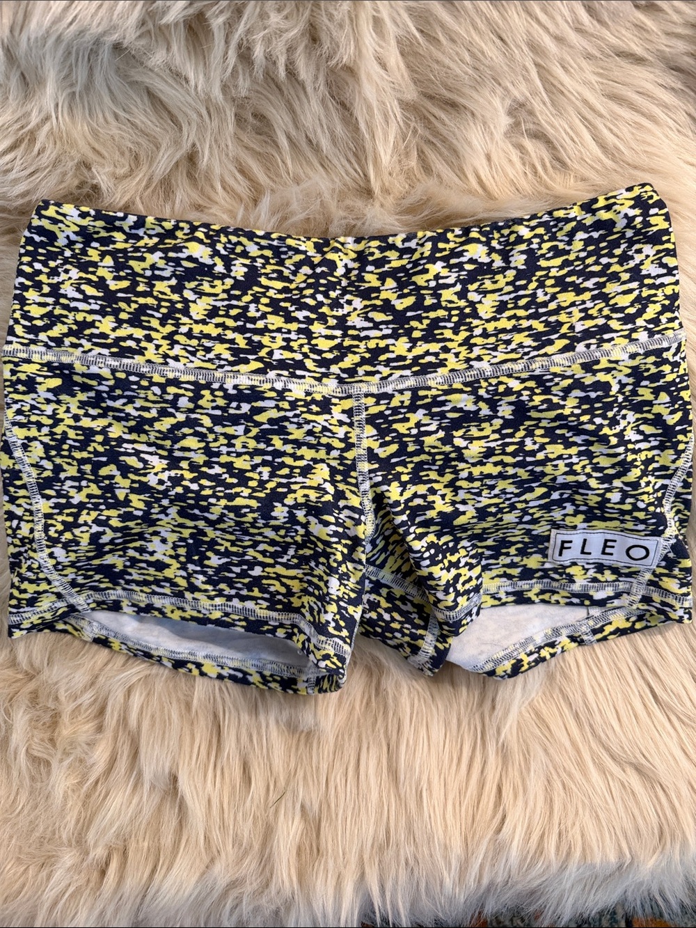 FLEO Yellow & Navy Printed High-Waist Athletic Shorts